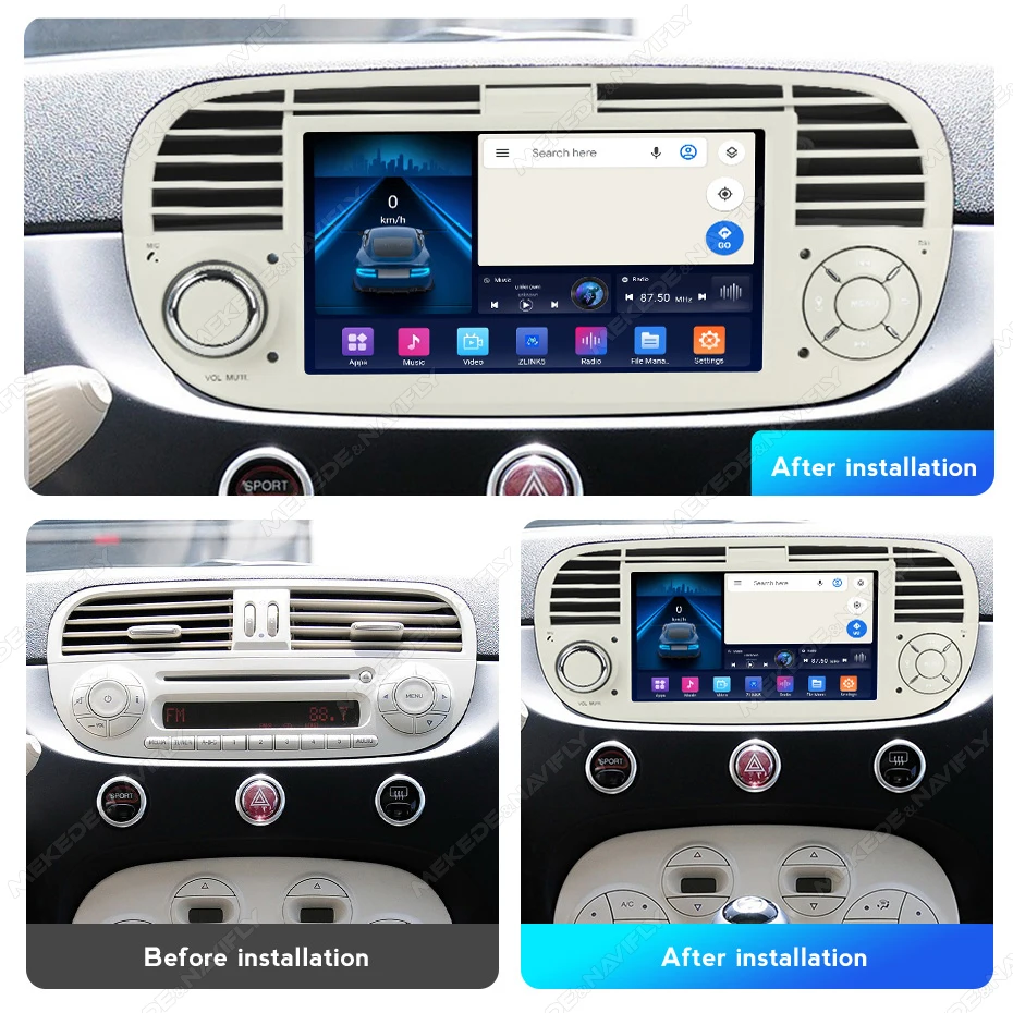 Navifly 2DIN Android 14 Auto Smart System Multimedia Player 7 zoll Für Fiat 500 2007-2015 Drahtlose Carplay Android AUTO Auto GPS BT
