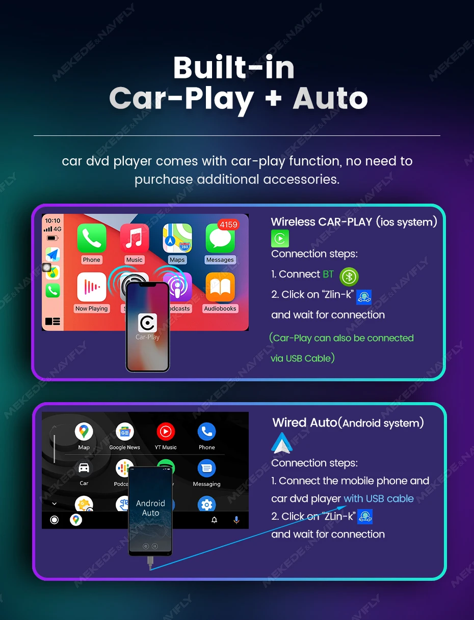 Navifly 2DIN Android 14 Auto Smart System Multimedia Player 7 zoll Für Fiat 500 2007-2015 Drahtlose Carplay Android AUTO Auto GPS BT