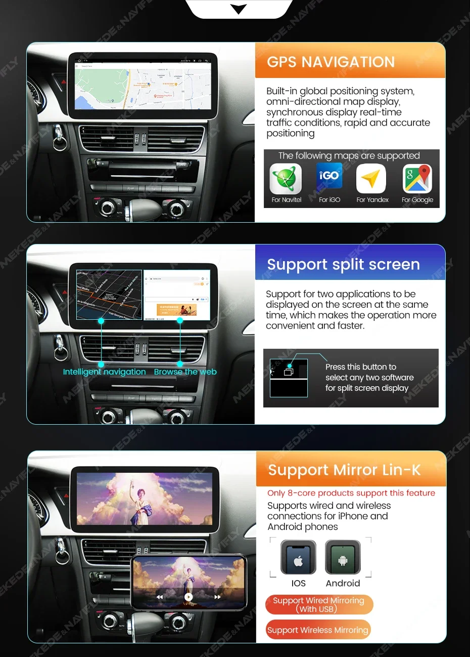 MEKEDE 8-Kern Android 14 Autoradio für Audi A4 A4L S4 A5 S5 B8 2009-2017 Kabelloses Carplay Auto-Multimedia-Player GPS DSP 4G WIFI