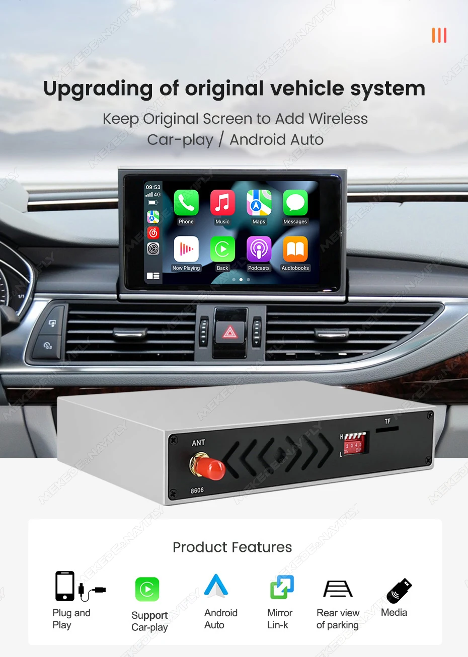 MEKEDE Carplay Decoder Box Für Audi A1 Q3 A4 Q5 A6 Q7 A7 A8 MMI 3G Unterstützt Drahtlose Carplay Android Auto Navigation Spiegel Link