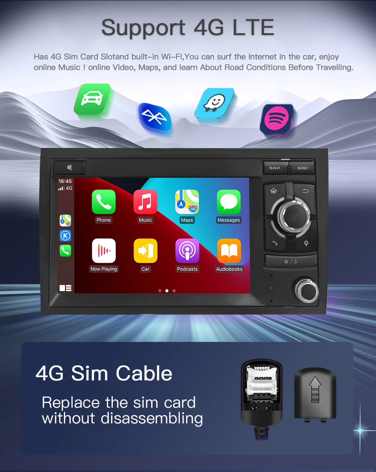 Android14 Drahtlose Carplay Auto Multimedia-Player Für Audi A4 2002-2008 S4 RS4 B6 B7 8H Wifi radio AI Stimme Navigation IPS GPS