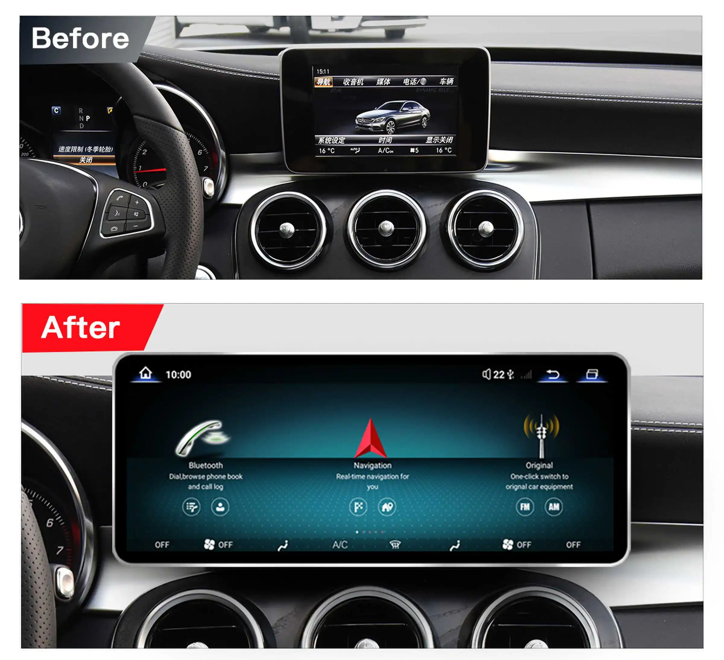 12,8'' 2400*900 Hohe Auflösung Android 14 Snapdragon 665 8GB Drahtlose Carplay Auto Bildschirm Für Mercedes Benz C Klasse W205 GLC Klasse X253 W446 2015-2018 Multimedia Radio Stereo