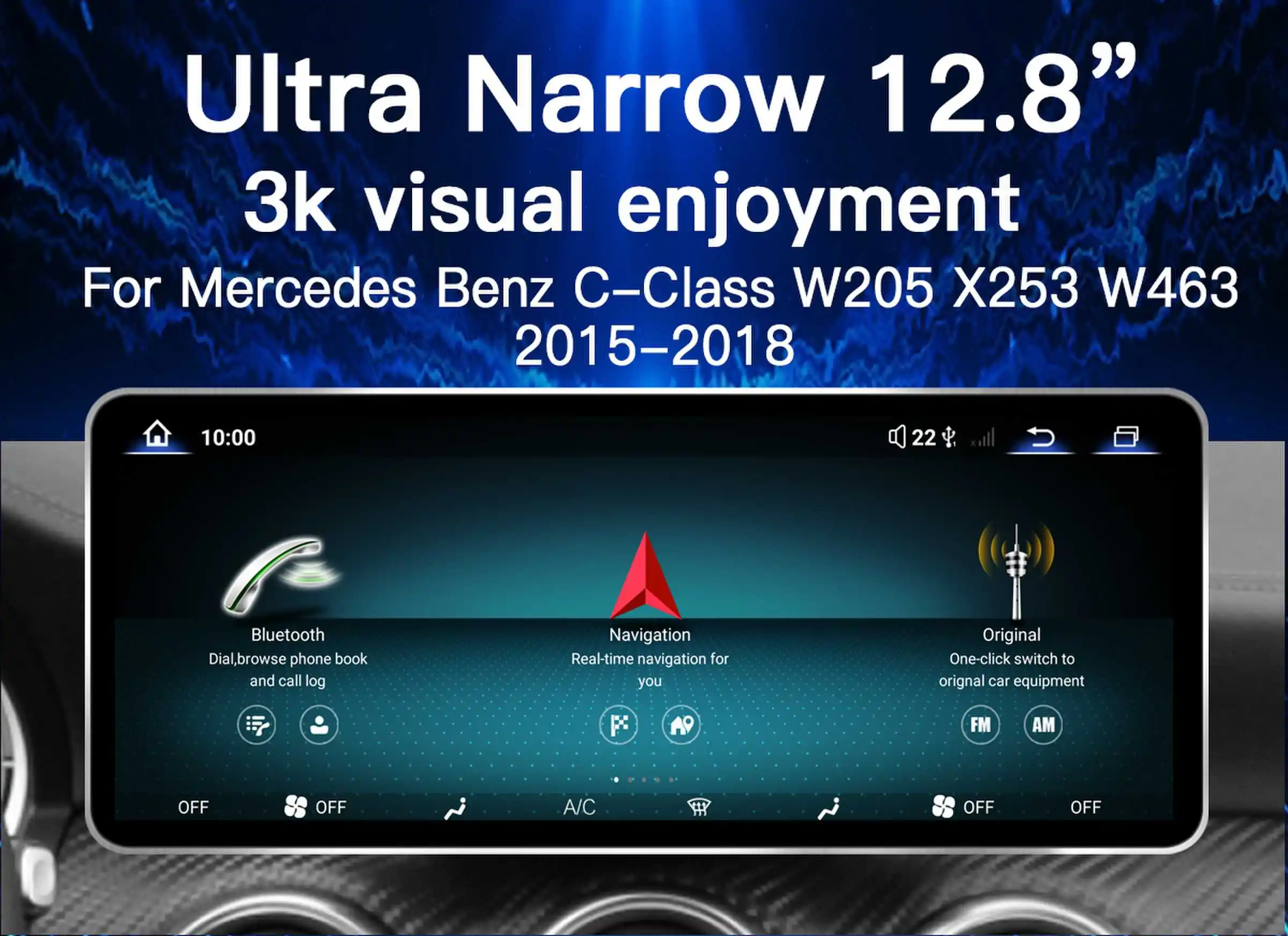 12,8'' 2400*900 Hohe Auflösung Android 14 Snapdragon 665 8GB Drahtlose Carplay Auto Bildschirm Für Mercedes Benz C Klasse W205 GLC Klasse X253 W446 2015-2018 Multimedia Radio Stereo