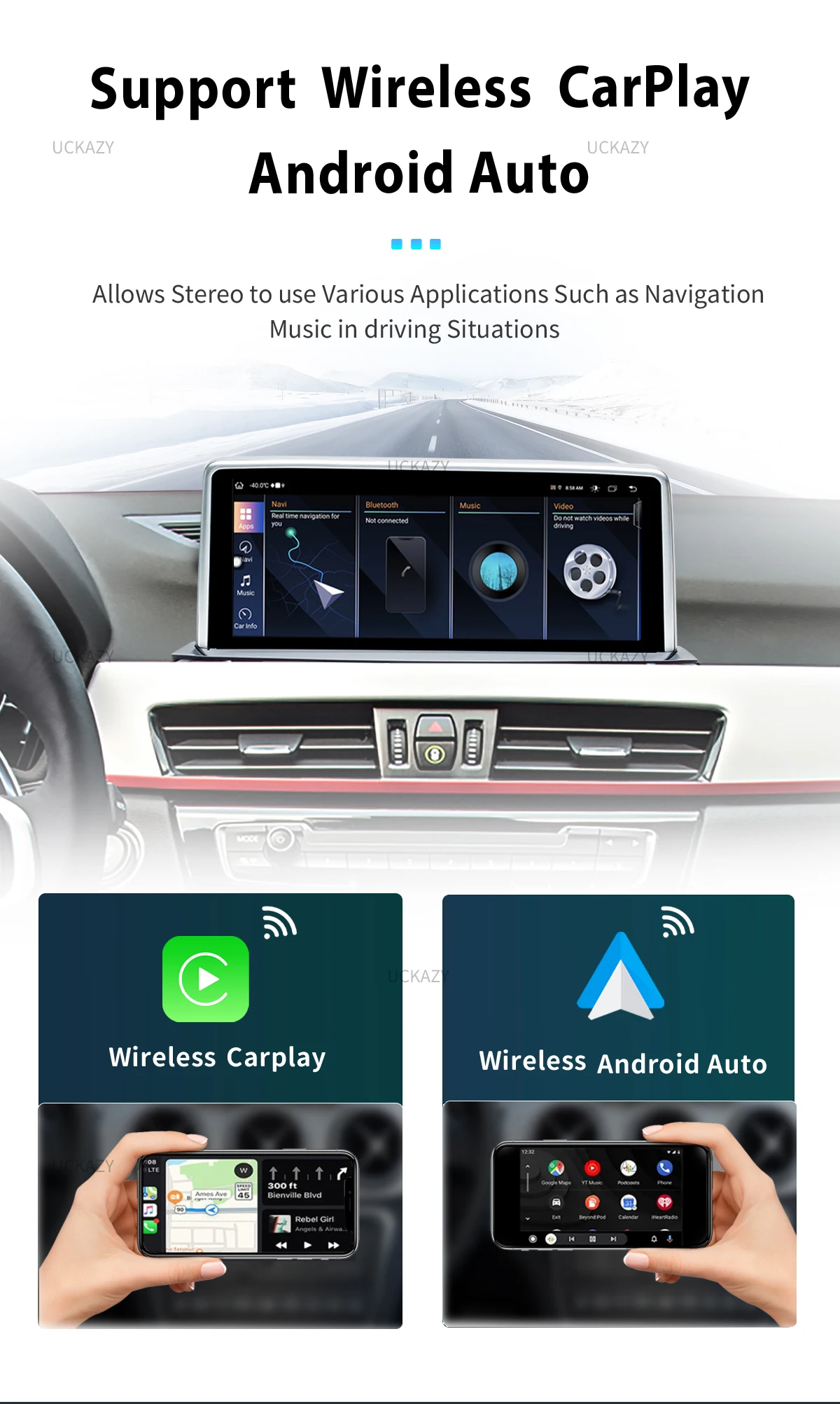 Uckazy Wireless CarPlay Android 14 Auto für BMW NBT EVO X1 F48 2016–2020 mit CarPlay-Funktionen Airplay Mirror Link