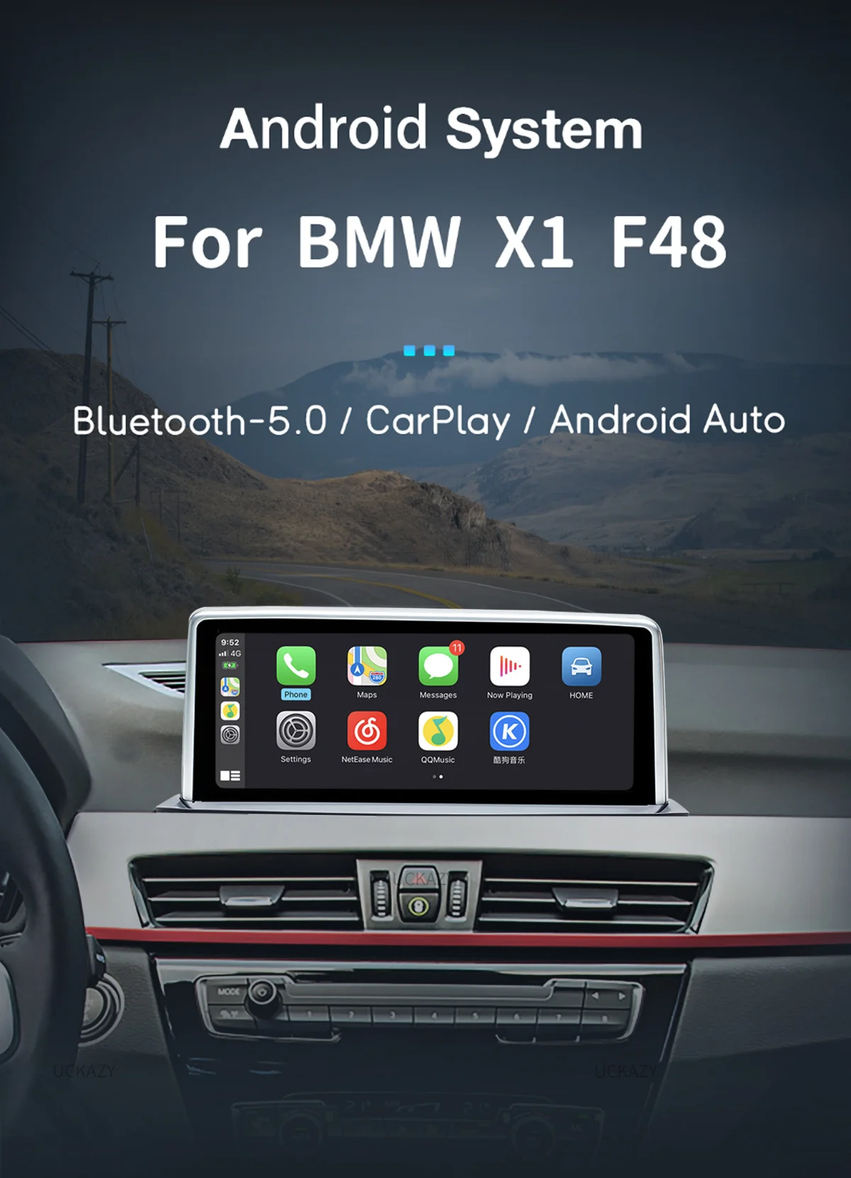 Uckazy Wireless CarPlay Android 14 Auto für BMW NBT EVO X1 F48 2016–2020 mit CarPlay-Funktionen Airplay Mirror Link
