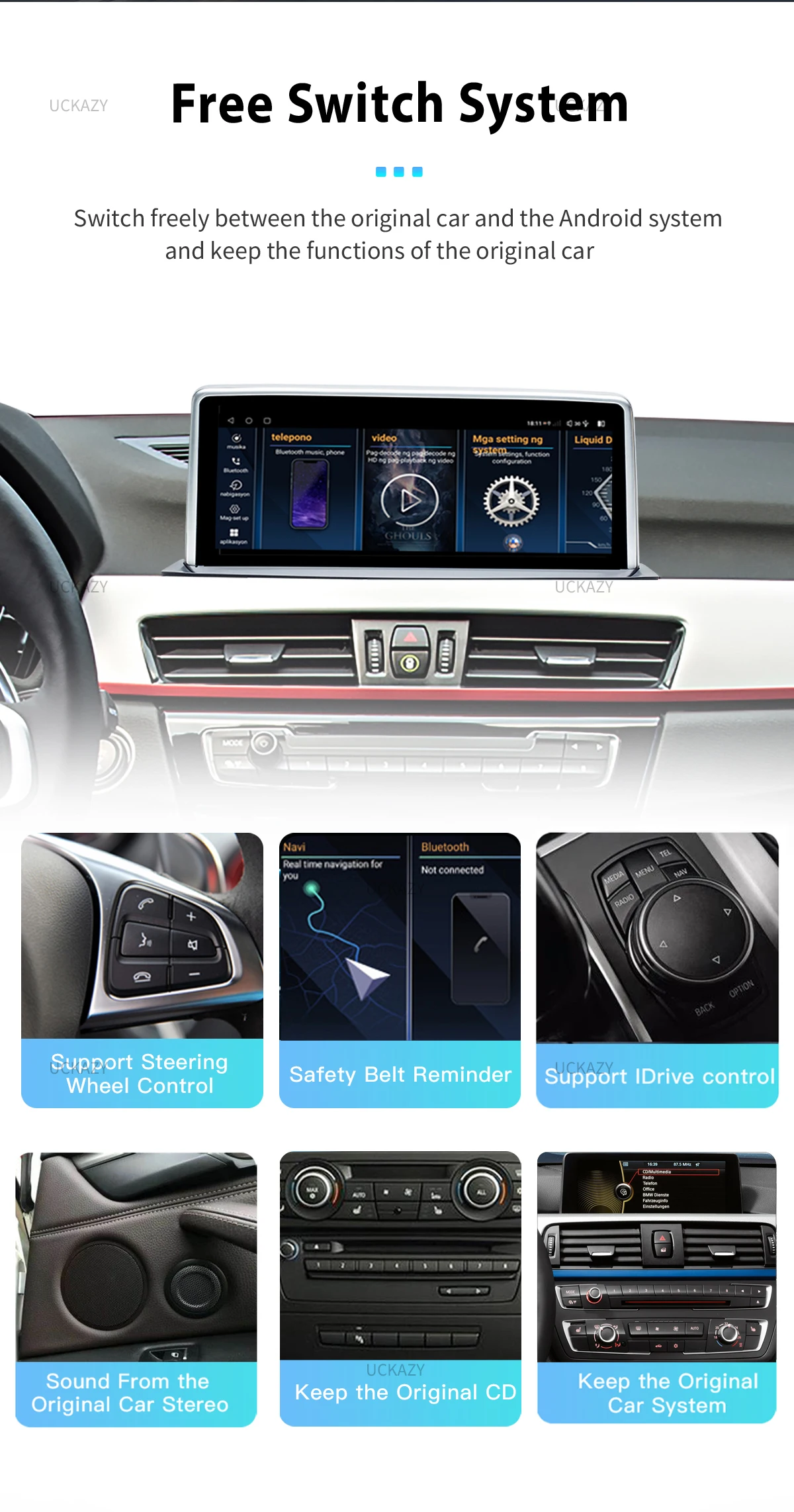 Uckazy Wireless CarPlay Android 14 Auto für BMW NBT EVO X1 F48 2016–2020 mit CarPlay-Funktionen Airplay Mirror Link