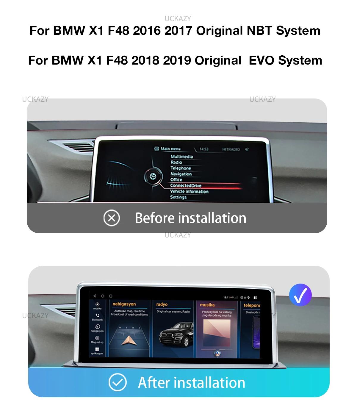 Uckazy Wireless CarPlay Android 14 Auto für BMW NBT EVO X1 F48 2016–2020 mit CarPlay-Funktionen Airplay Mirror Link