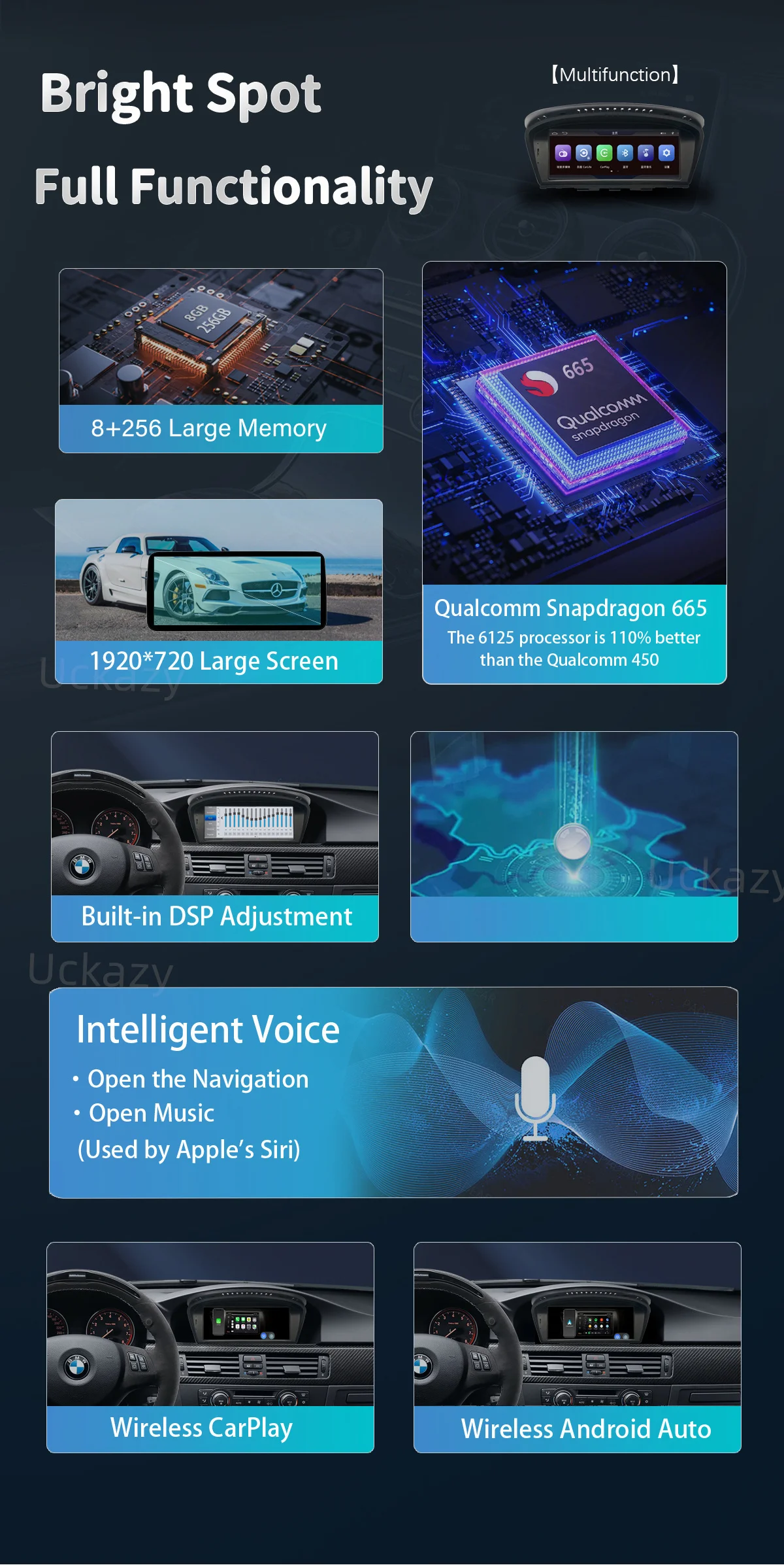 Uckazy Drahtlose CarPlay Android Auto Multimedia Radio Für BMW 5/3 Serie E60 E61 E62 E63 E90 E91 E92 E93 m3 CCC CIC Monitor