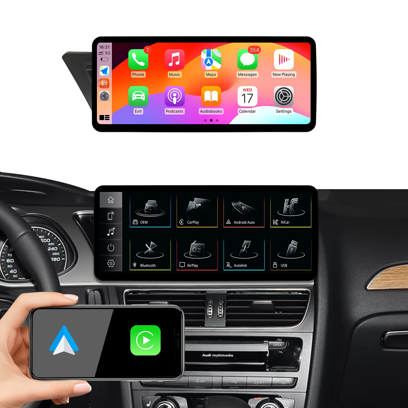 Uckazy 12,3 Zoll Wireless CarPlay Multimedia Ultradünner Bildschirm Android Auto Für Audi A4 A4L B8 A5 2009-2016 Airplay Autolink Funktion