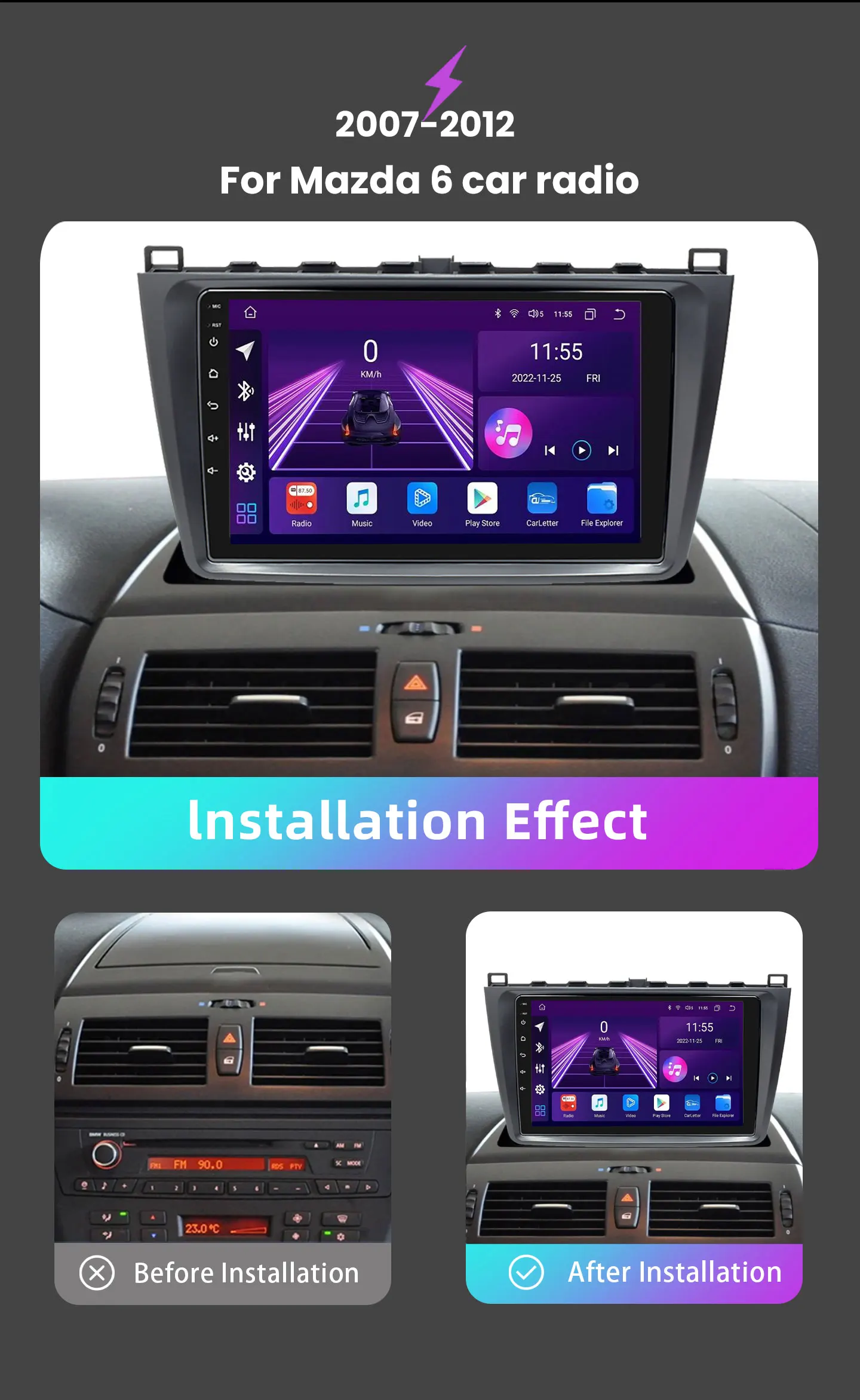 Fabrikpreis Universalrahmen Android 14 Autoradio für Mazda 6 2007-2012 CarPlay Android Auto GPS Navigation 4G WiFi Bluetooth DSP RDS SWC Multimedia-Bildschirm-Player High-Definition-Display
