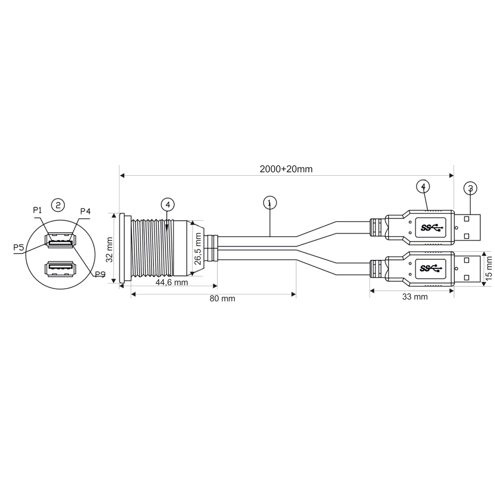 AMPIRE Doppel-USB-A Einbaubuchse mit 200cm Kabel – Bild 7