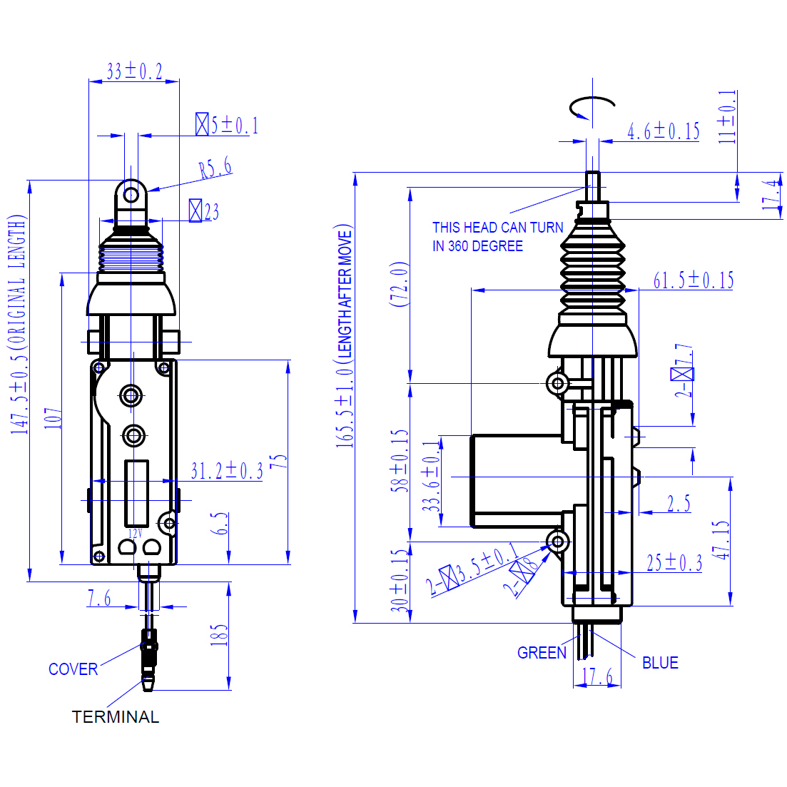 AMPIRE High-Power ZV-Stellmotor, 2 Kabel, 10 kg Hubkraft – Bild 3