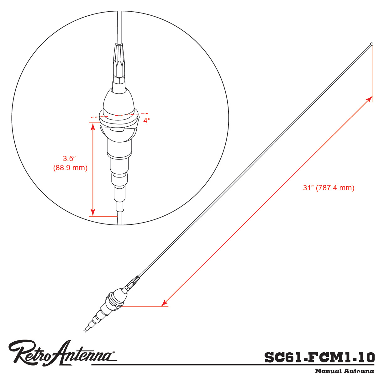 RETROSOUND Stabantenne, verchromtes Messing, Frontmontage – Bild 3