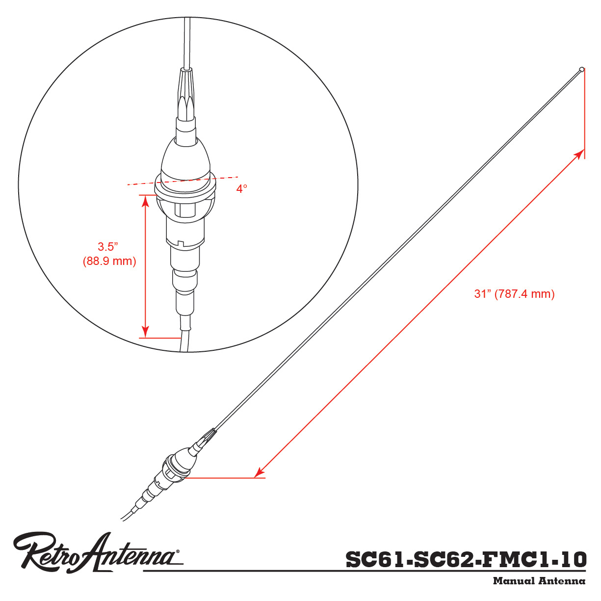 RETROSOUND Stabantenne, verchromtes Messing, Frontmontage – Bild 3