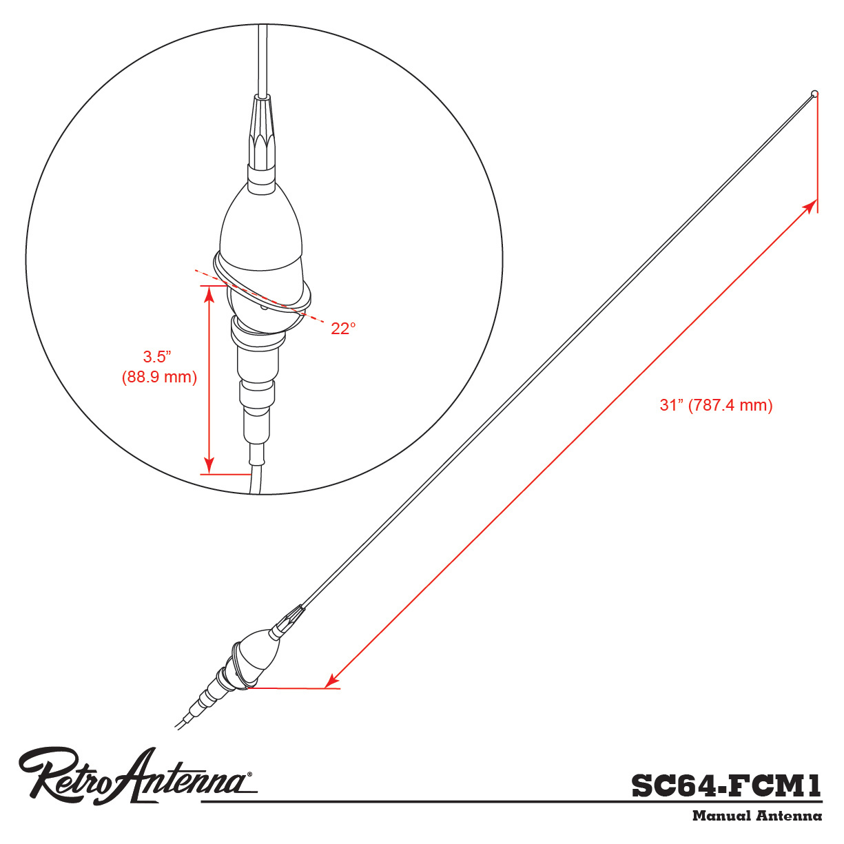 RETROSOUND Stabantenne, verchromtes Messing, Frontmontage – Bild 3