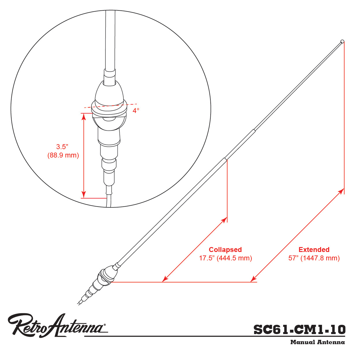 RETROSOUND Teleskopantenne, verchromtes Messing, Frontmontage – Bild 3