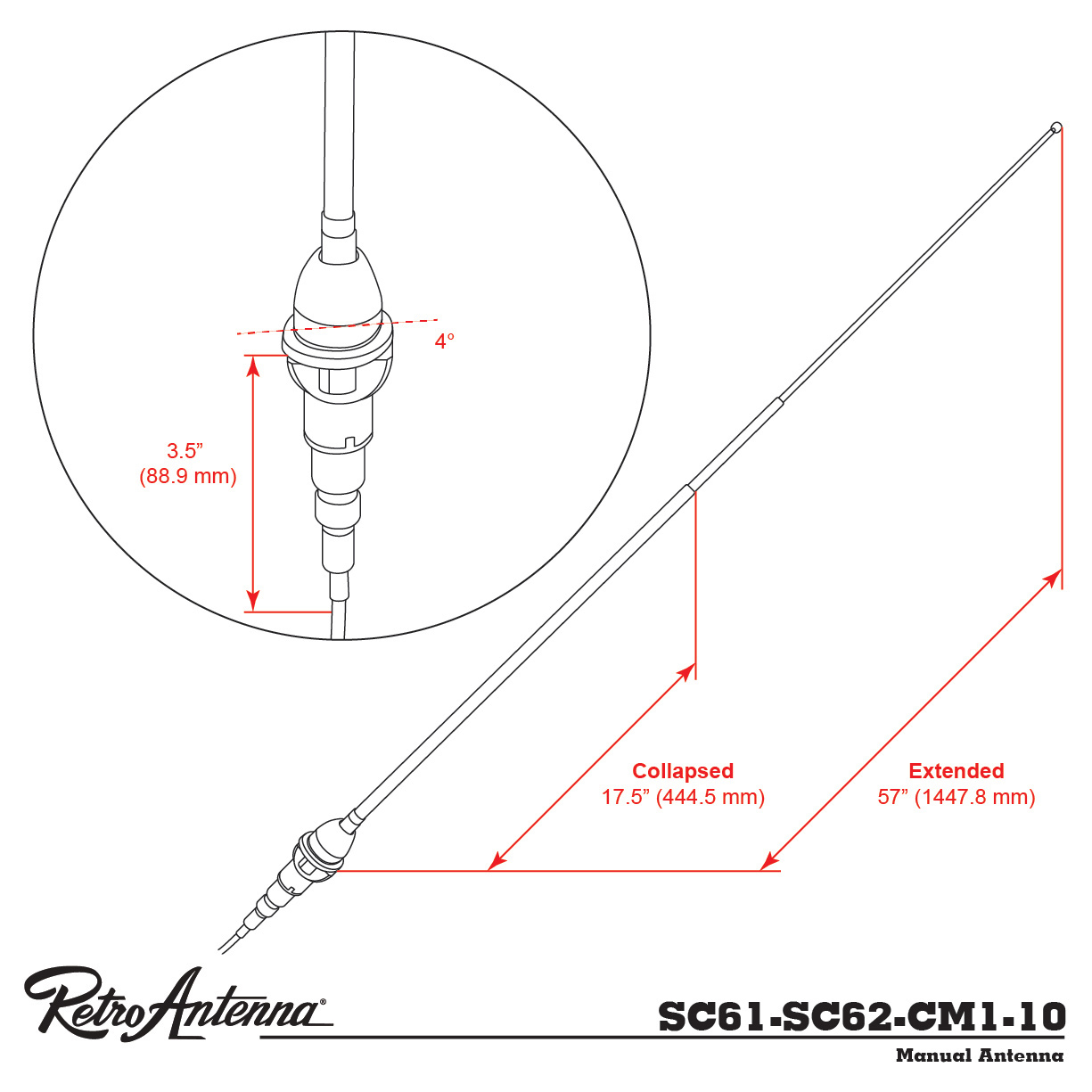 RETROSOUND Teleskopantenne, verchromtes Messing, Frontmontage – Bild 3