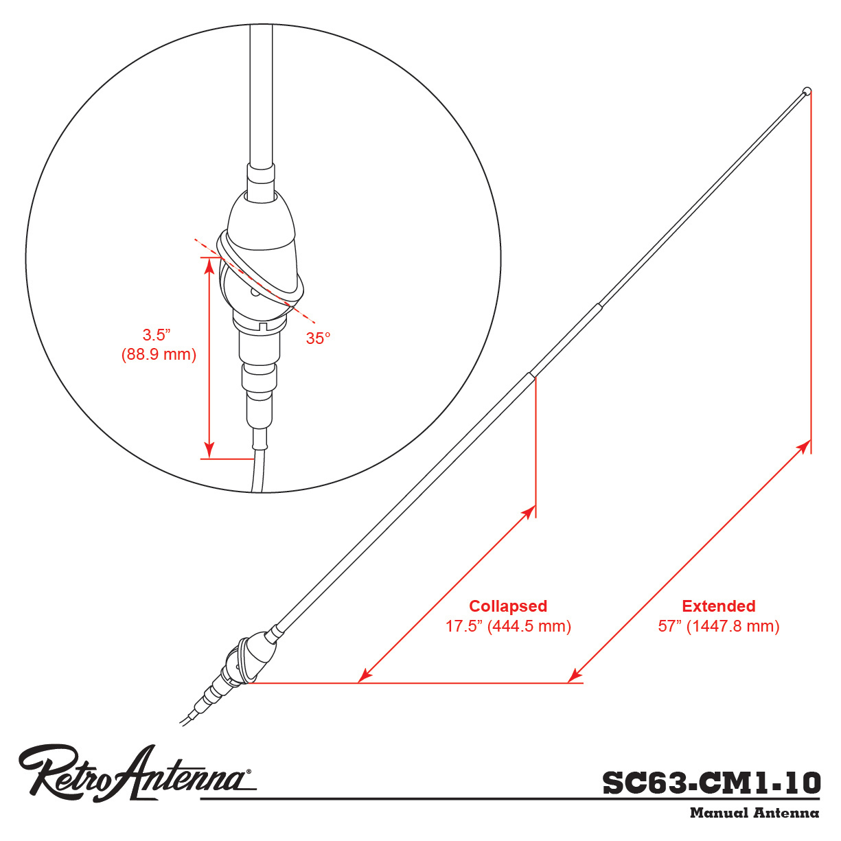 RETROSOUND Teleskopantenne, verchromtes Messing, Frontmontage – Bild 2