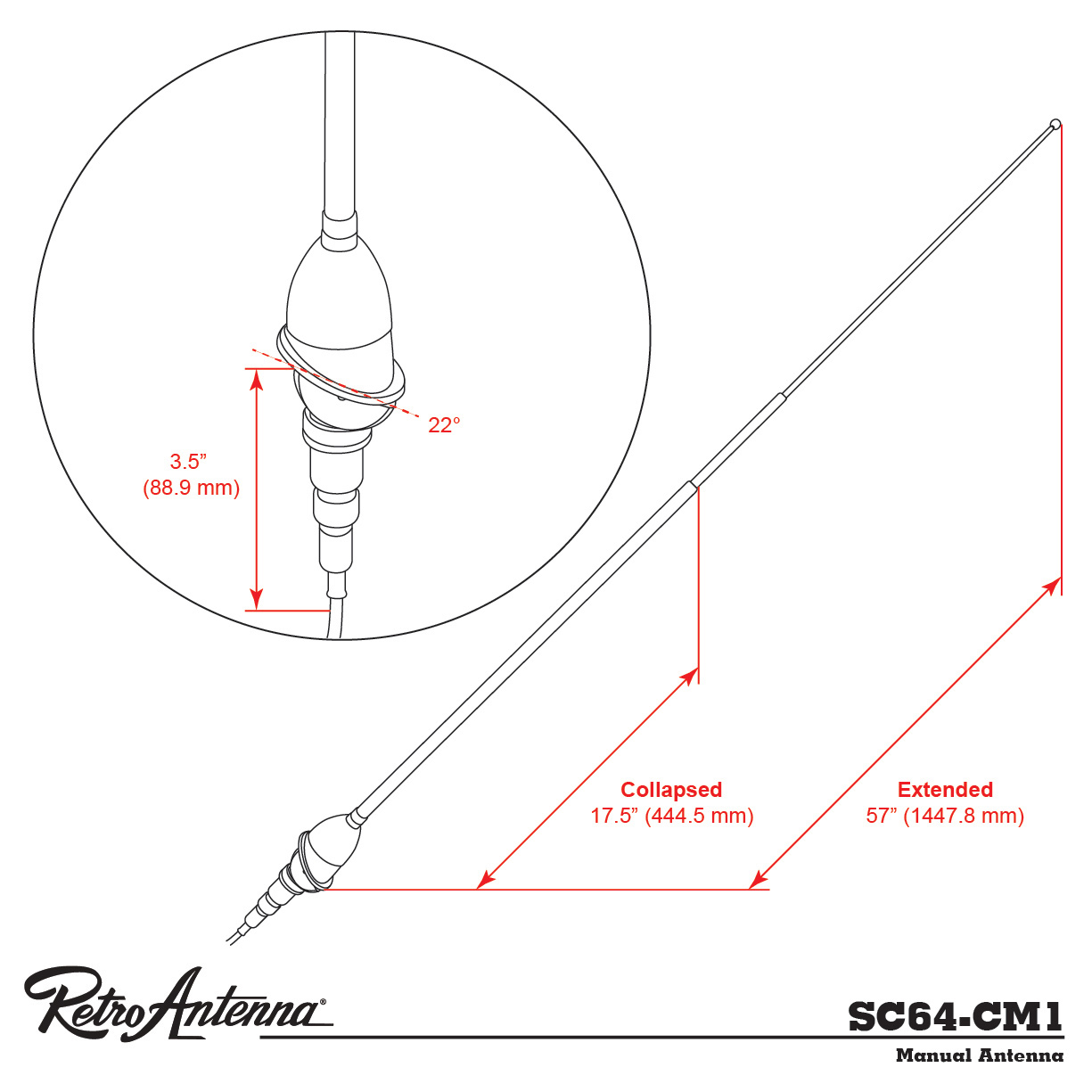 RETROSOUND Teleskopantenne, verchromtes Messing, Frontmontage – Bild 3