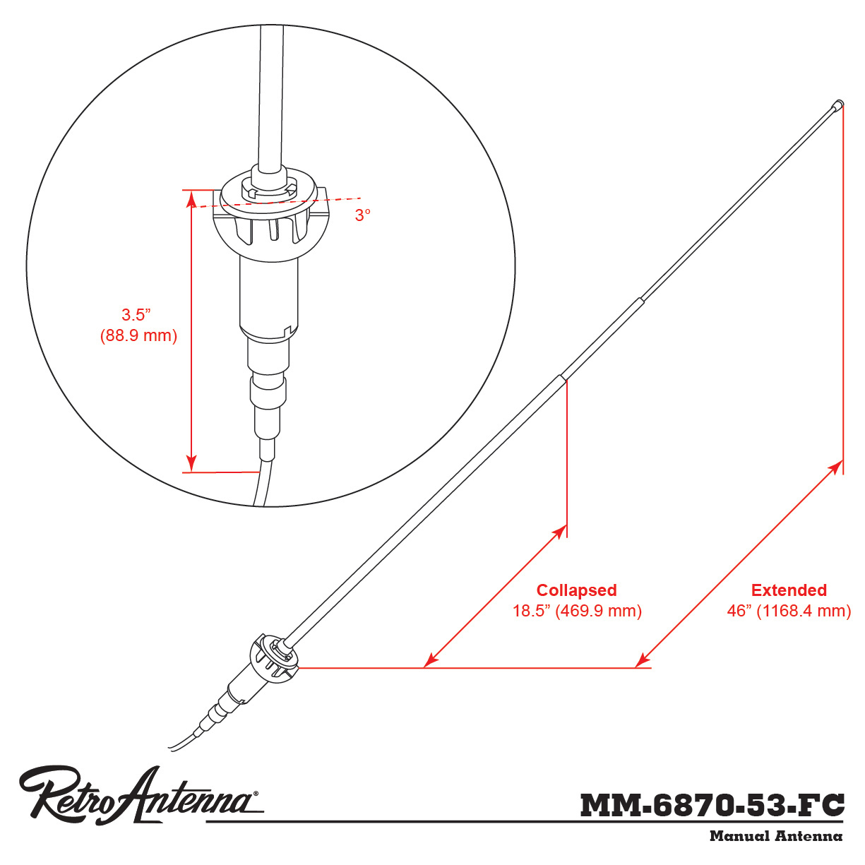 RETROSOUND Teleskopantenne, verchromtes Messing, für 1968-70 MOPAR – Bild 3