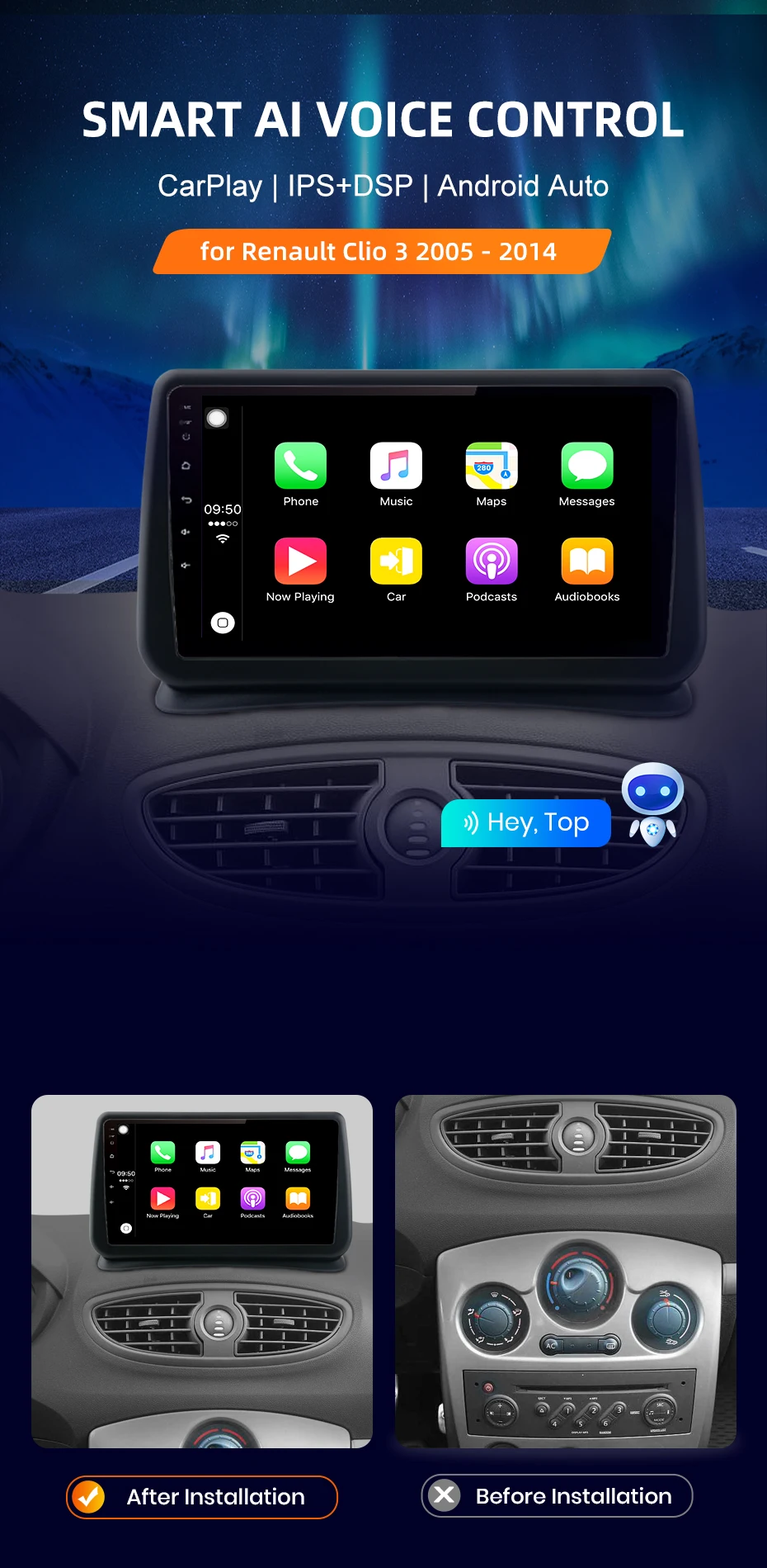 Awesafe px9 kabelloses carplay autoradio für renault clio 3 2010 2014 2014-2018 android auto gps rds dsp