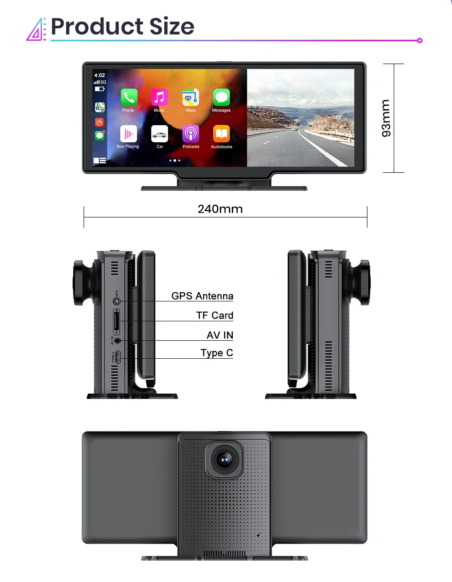 AWESAFE Dash Cam Rückfahrkamera Wifi Carplay & Android Auto 4K DVR GPS Navigation Video Recorder Dashboard Dual Len 24H Park