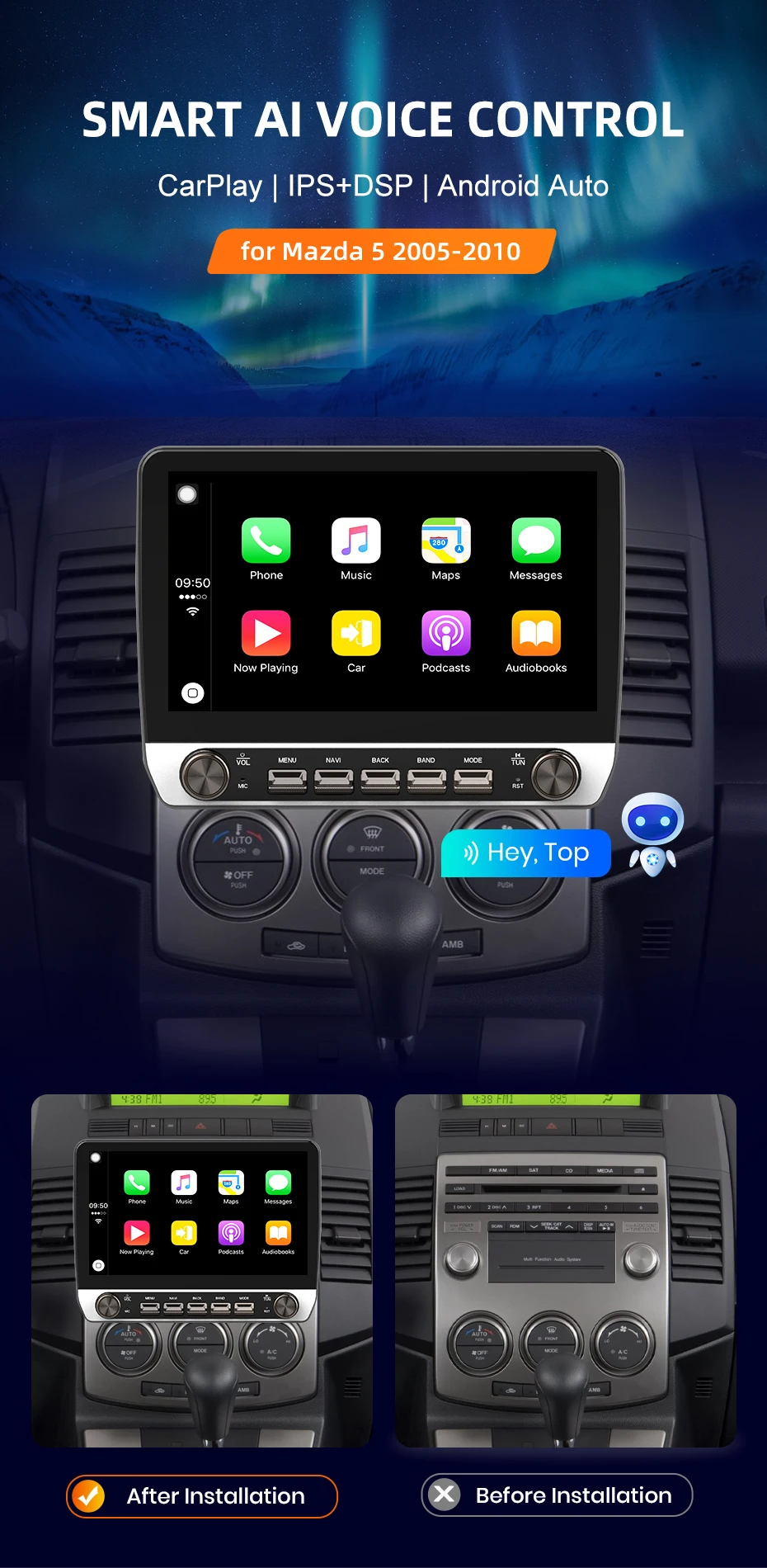AWESAFE Drahtloses CarPlay Android-Autoradio für Mazda 5 2005 2006 2007 2008 2009 2010 4G-LTE 8-Croe RDS DSP IPS