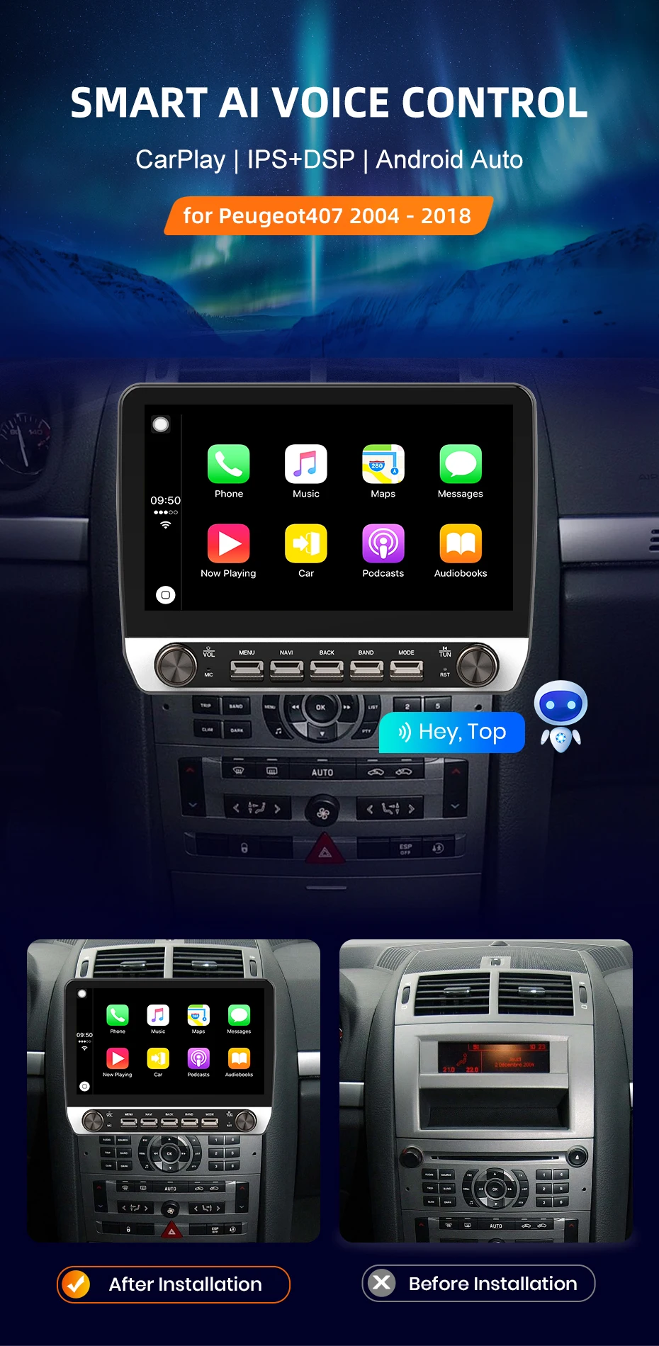 AWESAFE Autoradio für Peugeot 407 cc SW 407CC 2004-2011, kabelloses Carplay, Android Auto Stereo mit Tasten, Multimedia, GPS, 4G