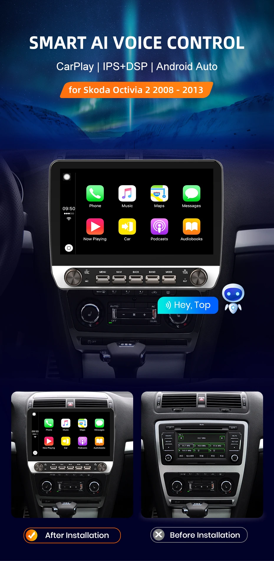 AWESAFE Autoradio für SKODA Octavia 2 A5 2008-2013 Kabelloses Carplay für Apple Android Auto Stereoanlage mit Tasten Multimedia GPS 4G