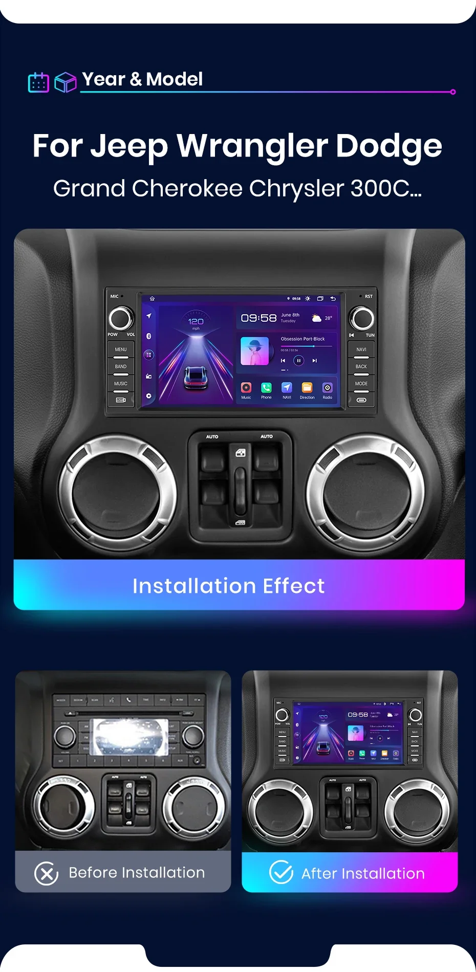 Awesafe 7-Zoll-Autoradio für für Jeep Wrangler Dodge Grand Cherokee Chrysler 300c Patriot Commander Kaliber Heraus forderer DVD
