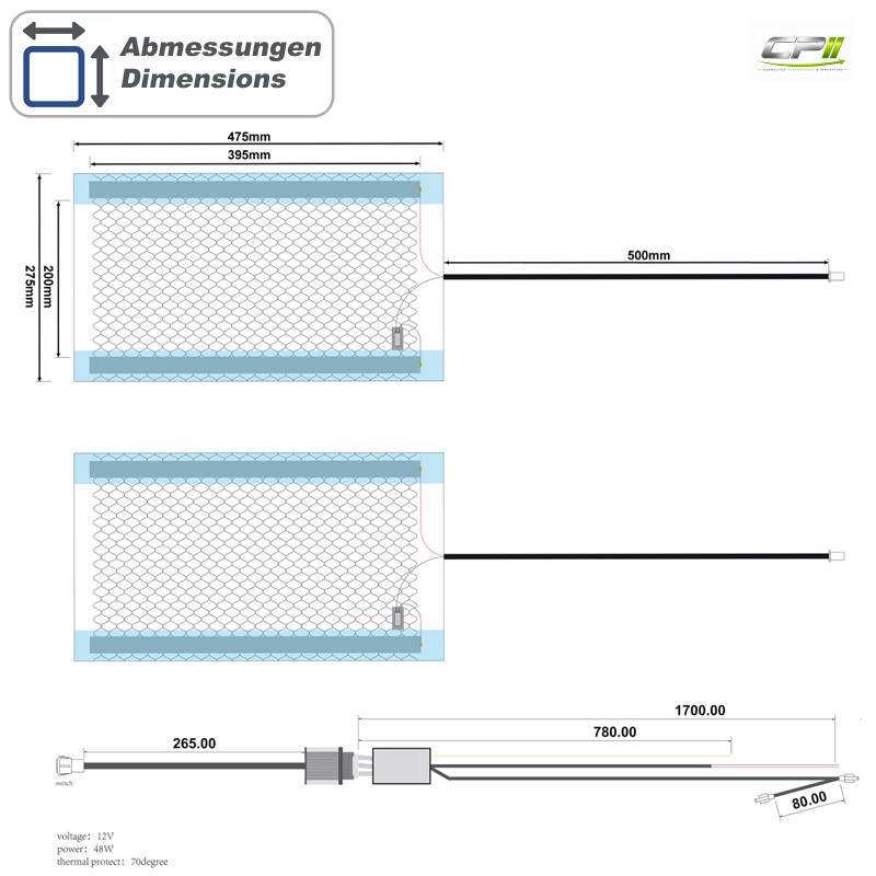 AMPIRE Sitzheizung, 2x 480x280mm, Taster 1-stufig, 12 Volt, Heavy-Duty (FMVSS 302) – Bild 2