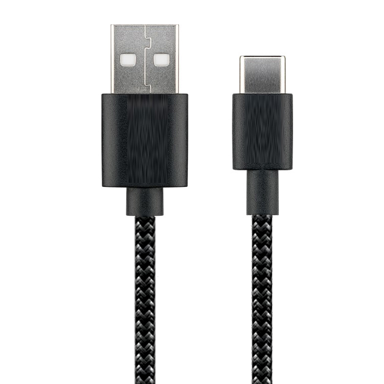 AMPIRE USB-A Kabel auf USB-C Stecker, beleuchtet, Textilmantel schwarz, 0.5m
