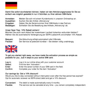 Aktivierung ihrer SIM-Karte (jeweils einzeln auswählen)